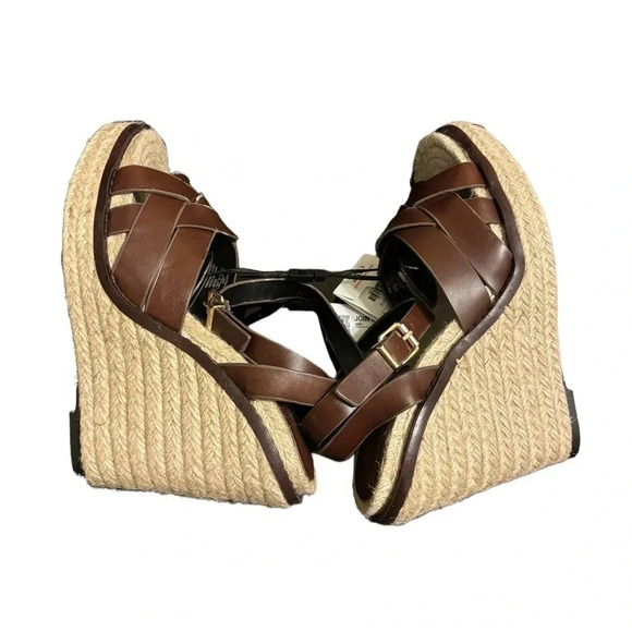 NWT Zara Dark Chocolate Brown Leather Strapy Straw Espidrille Platform Wedges 39 - Picture 4 of 8